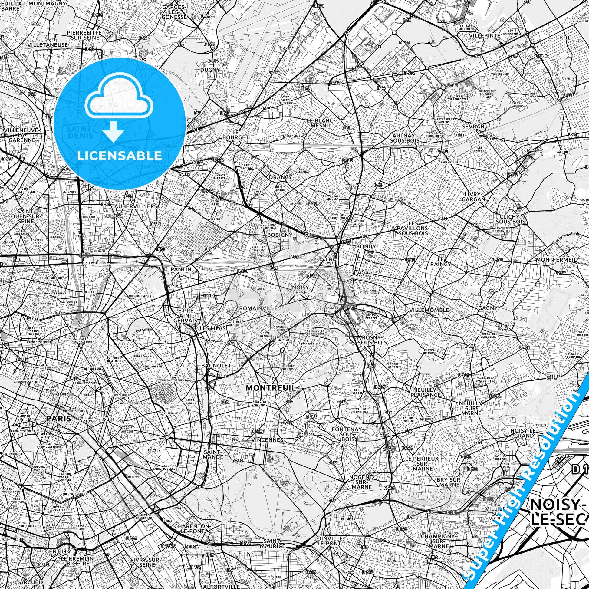 Noisy-le-Sec, France light map with streetnames, citynames and districts