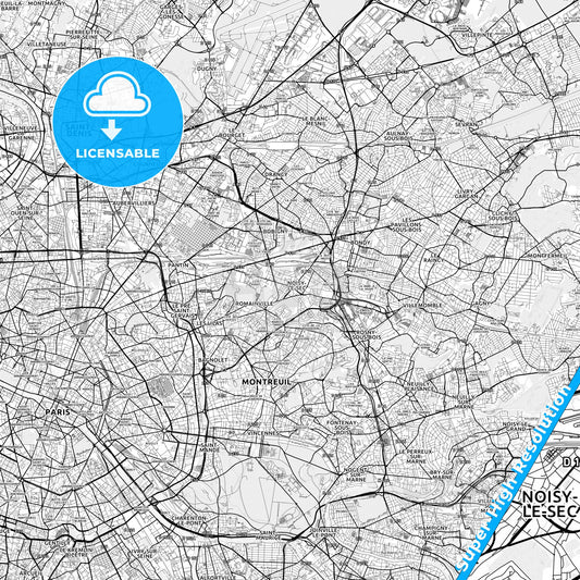 Noisy-le-Sec, France light map with streetnames, citynames and districts