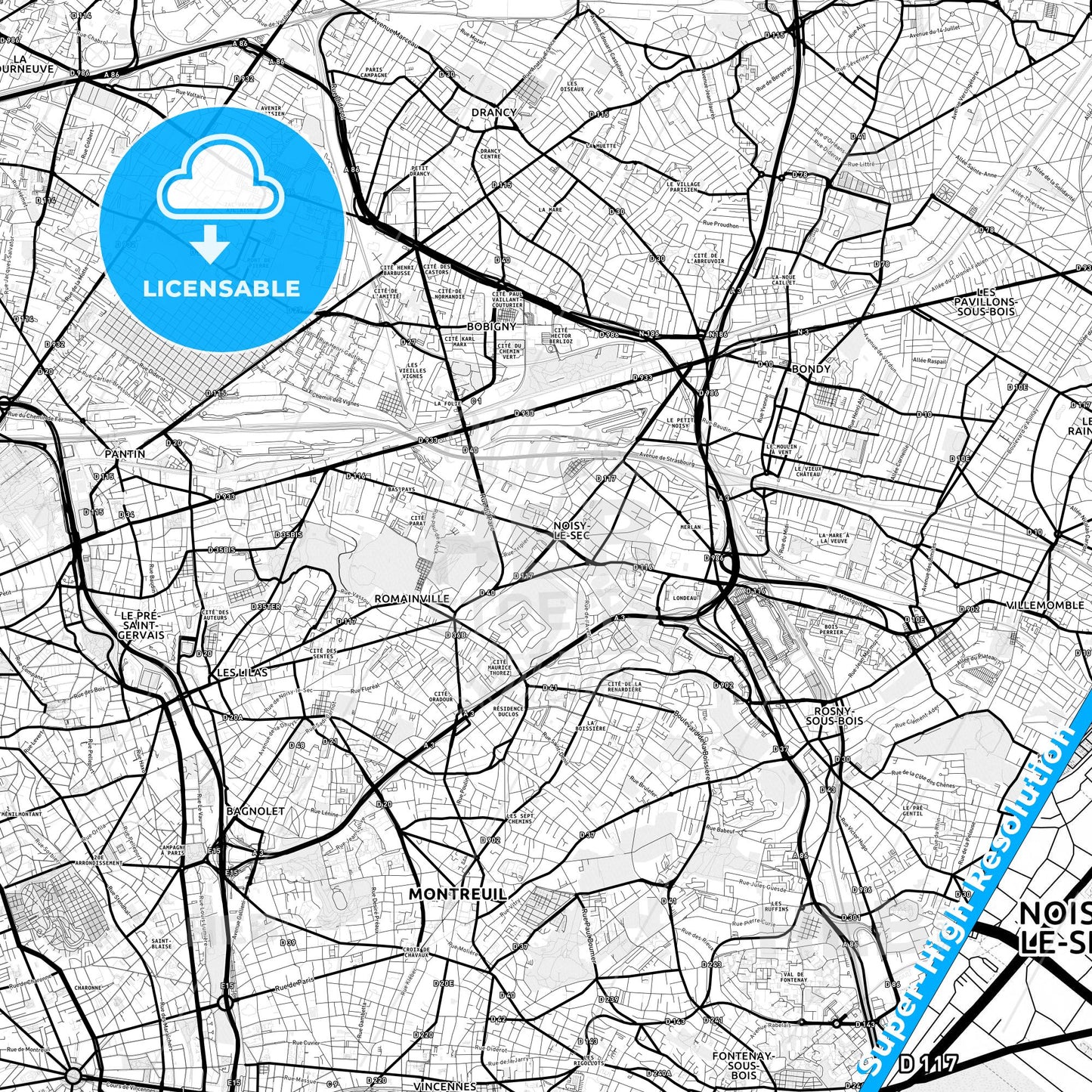 Noisy-le-Sec, France Light Map with Street Names, City Names, and Districts
