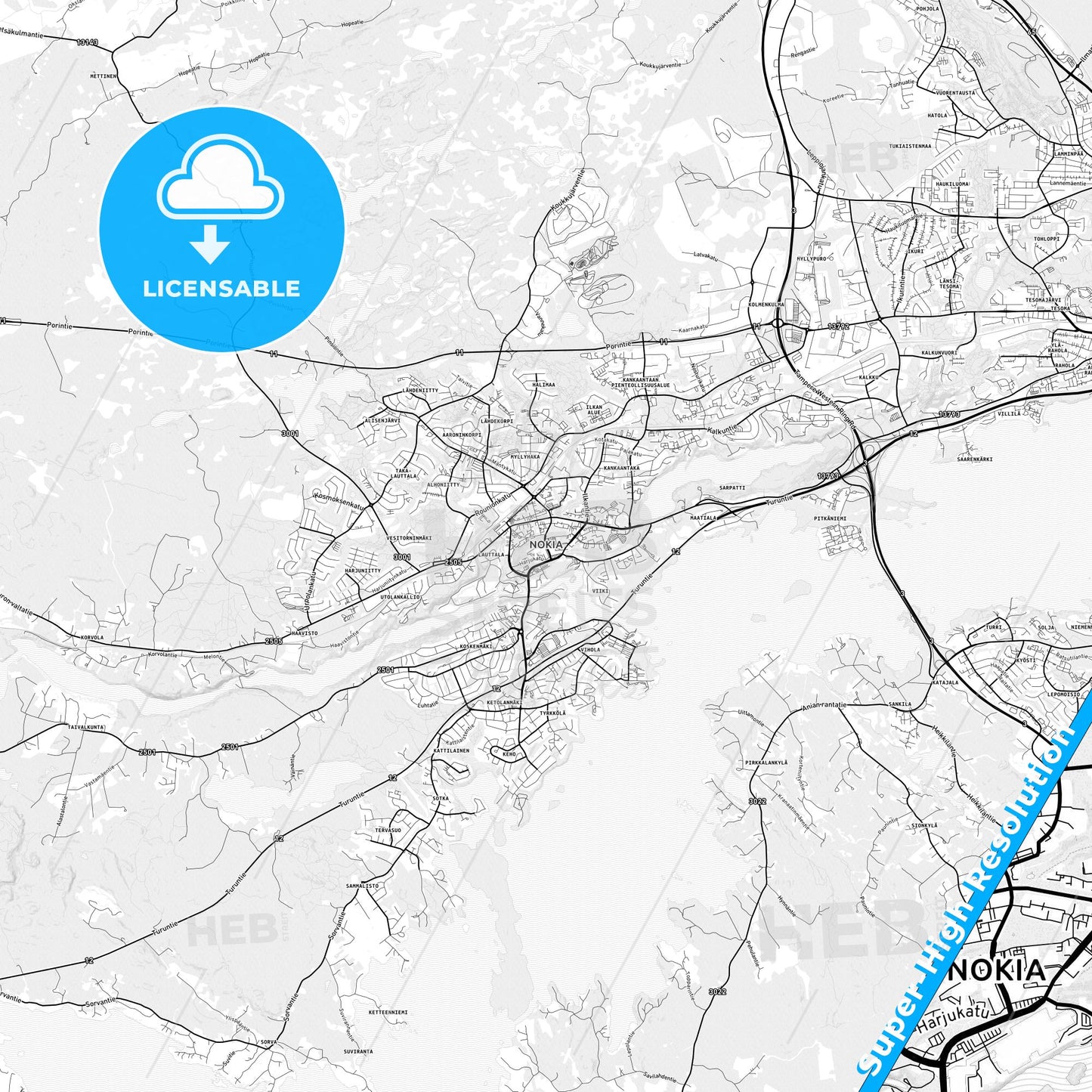 Nokia, Finland light map with streetnames, citynames and districts