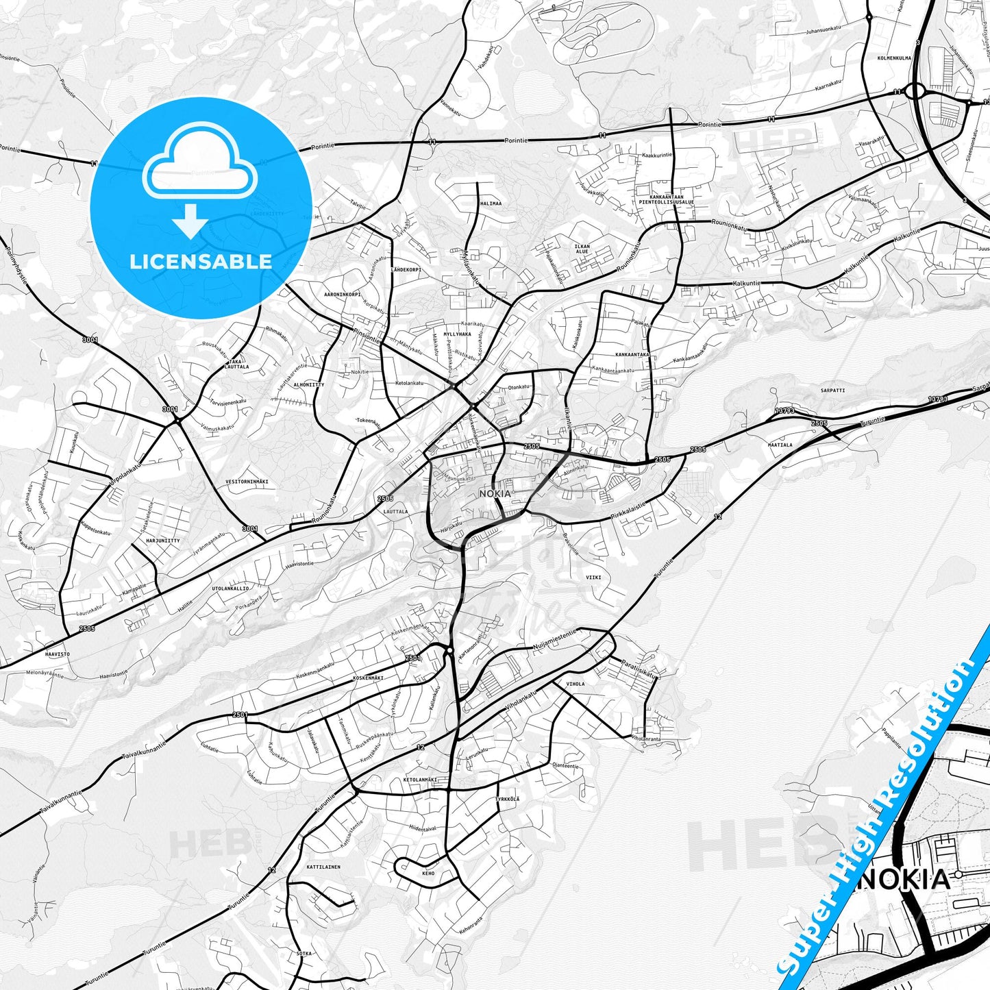 Nokia, Finland Light Map with Street Names, City Names, and Districts