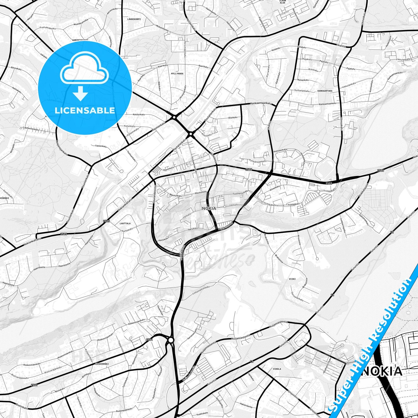 Nokia, Finland Light Map with Street Names, City Names, and Districts