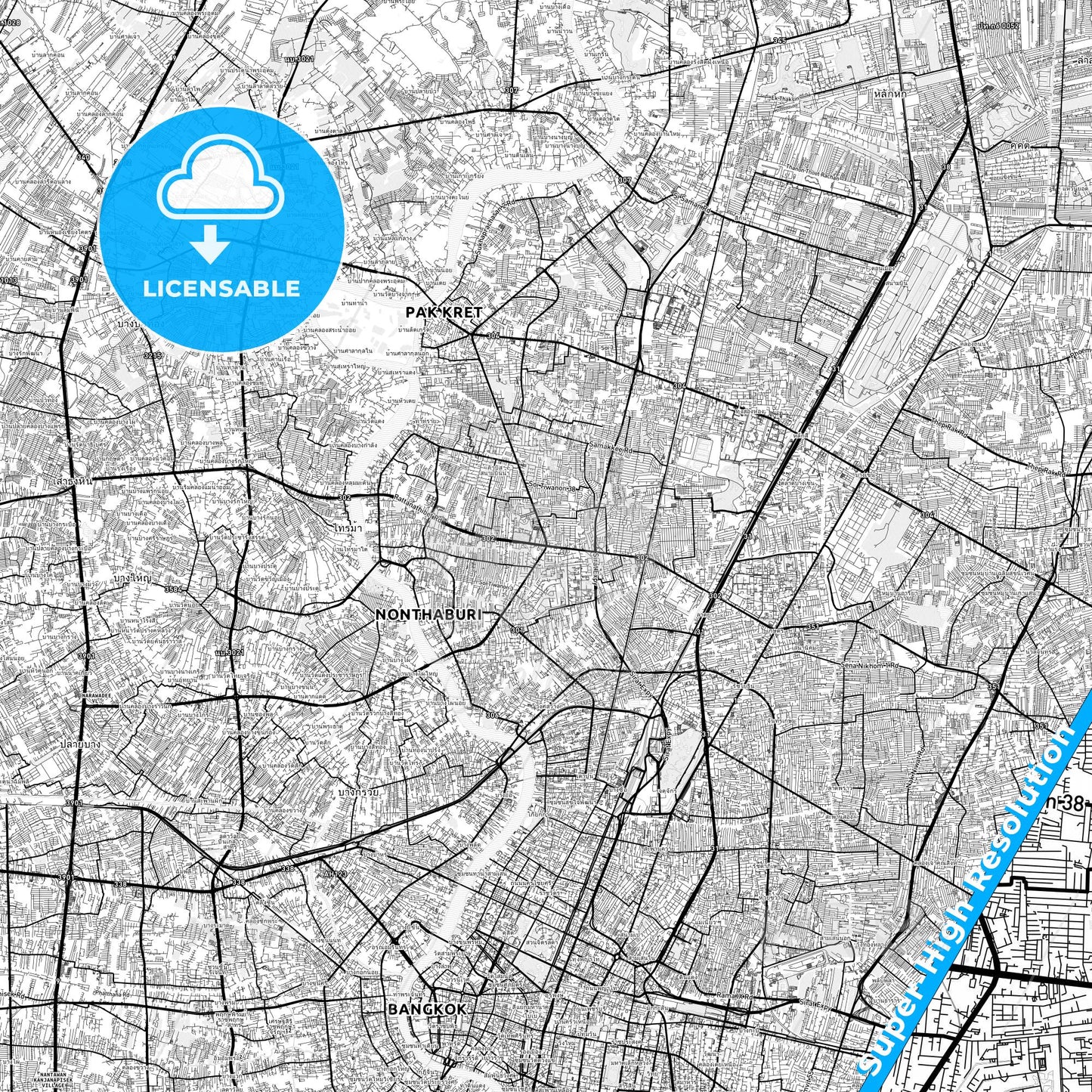 Nonthaburi, Thailand light map with streetnames, citynames and districts