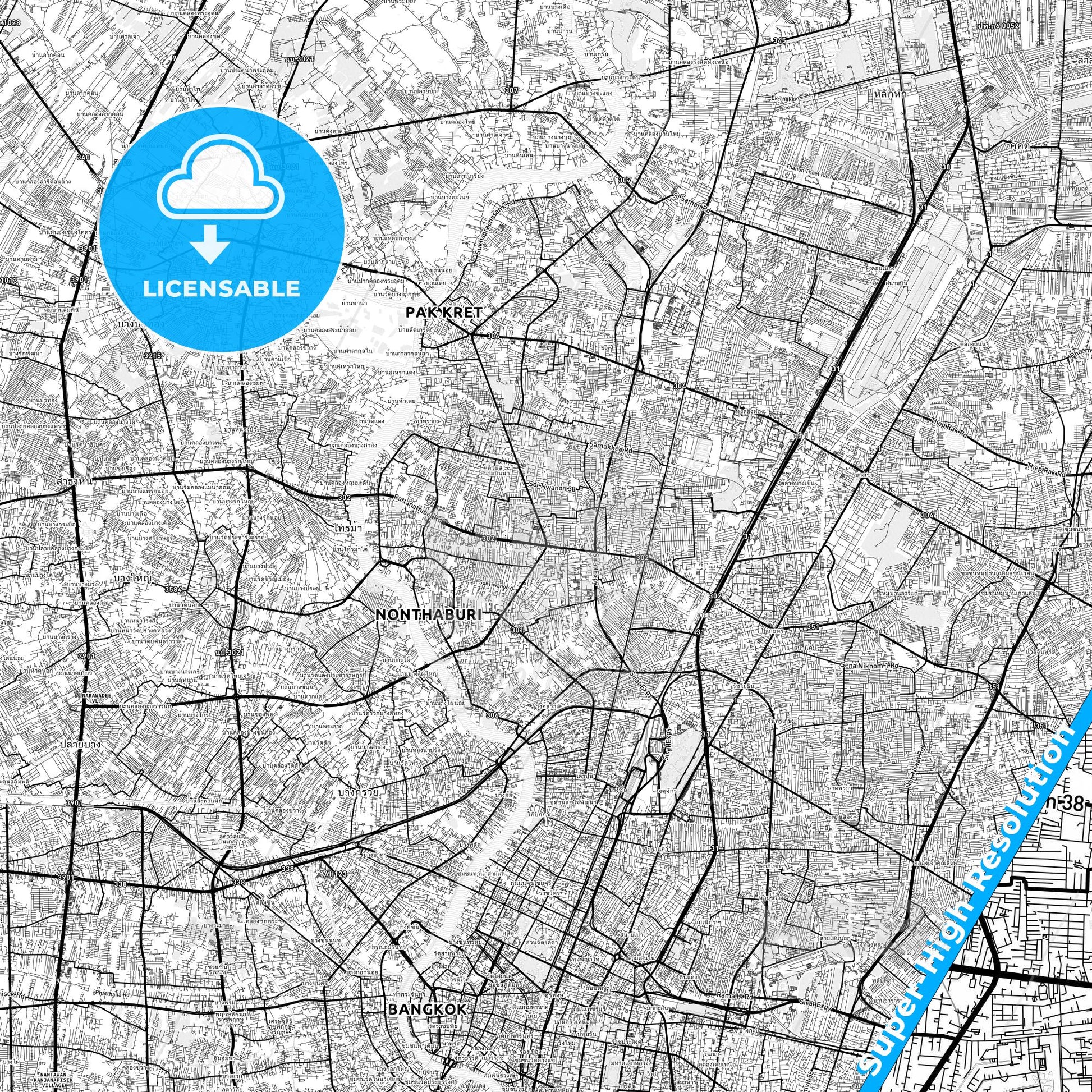 Nonthaburi, Thailand light map with streetnames, citynames and districts