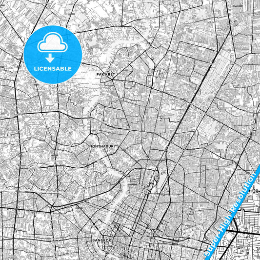 Nonthaburi, Thailand light map with streetnames, citynames and districts