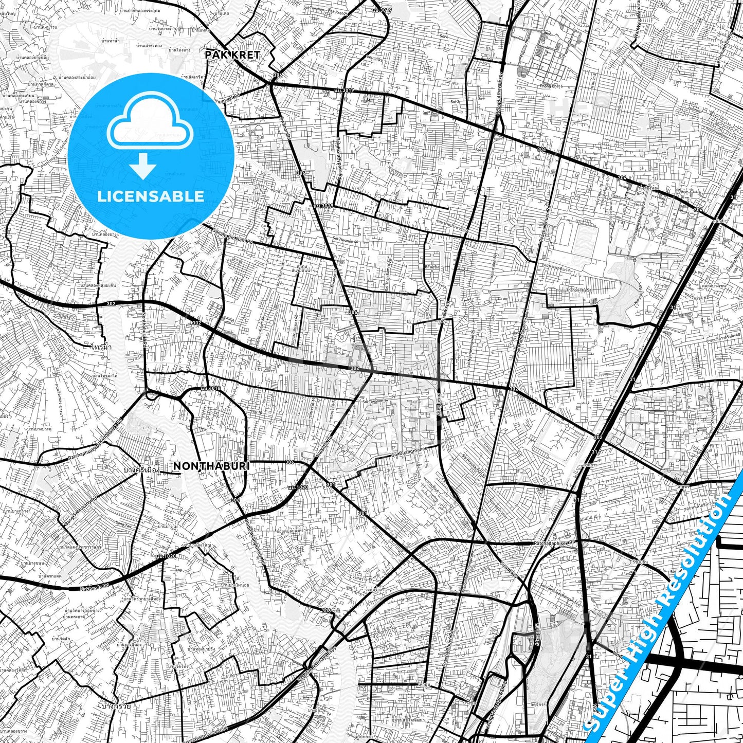 Nonthaburi, Thailand Light Map with Street Names, City Names, and Districts