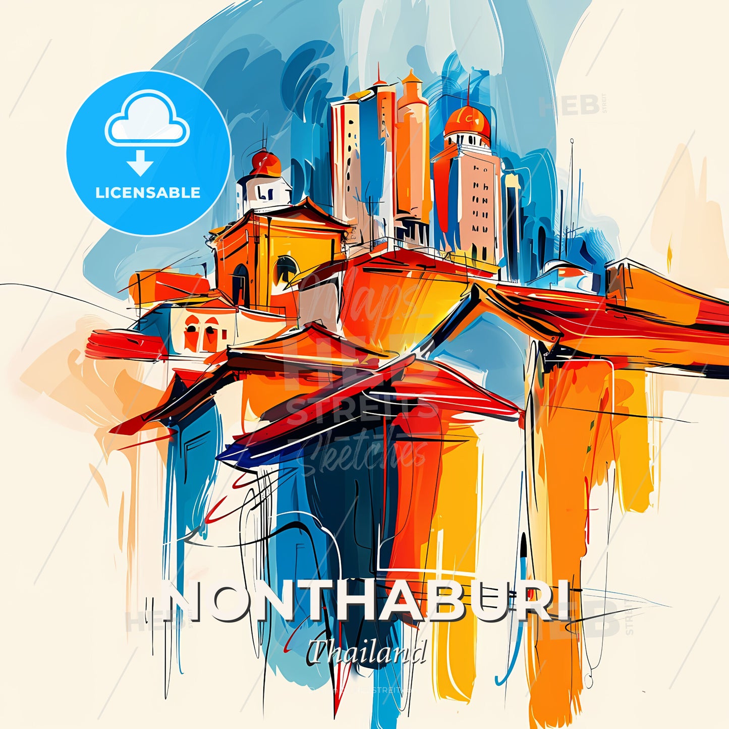 Vibrant Nonthaburi, Thailand - A Painting Of Buildings On A Hill - Square format print template