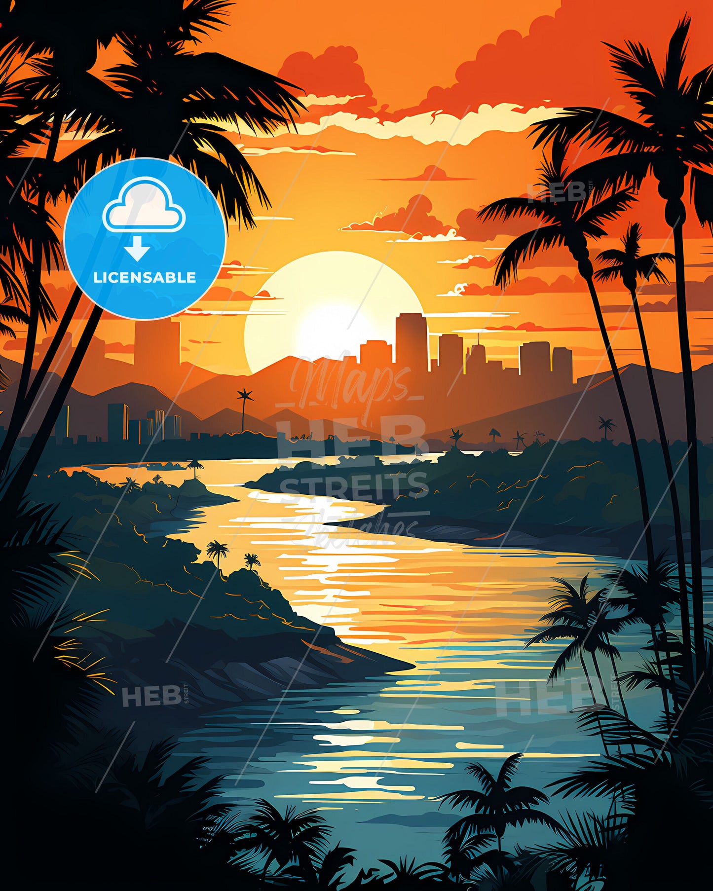 Nonthaburi Thailand Skyline Sunset River Palm Trees Contemporary Digital Art Painting