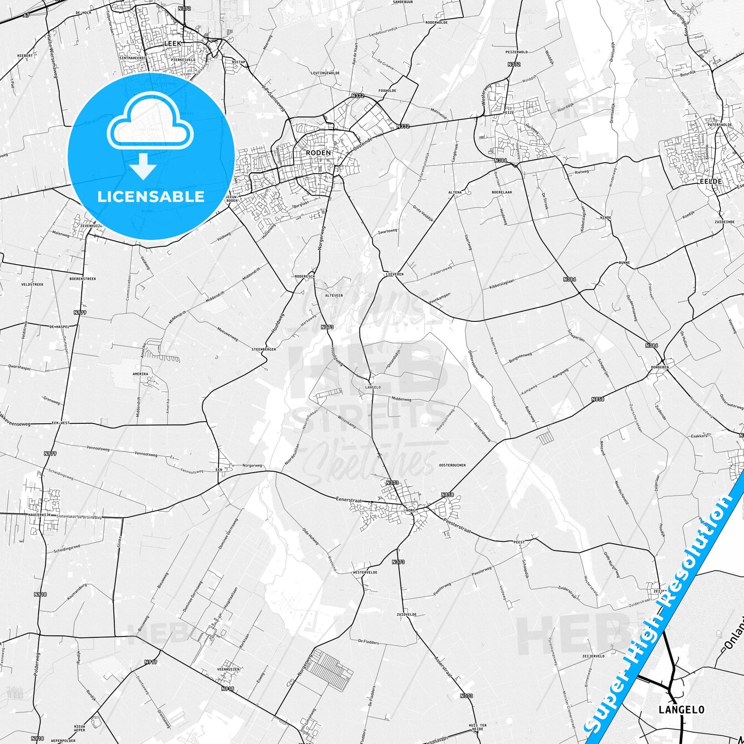 Noordenveld, Netherlands light map with streetnames, citynames and districts