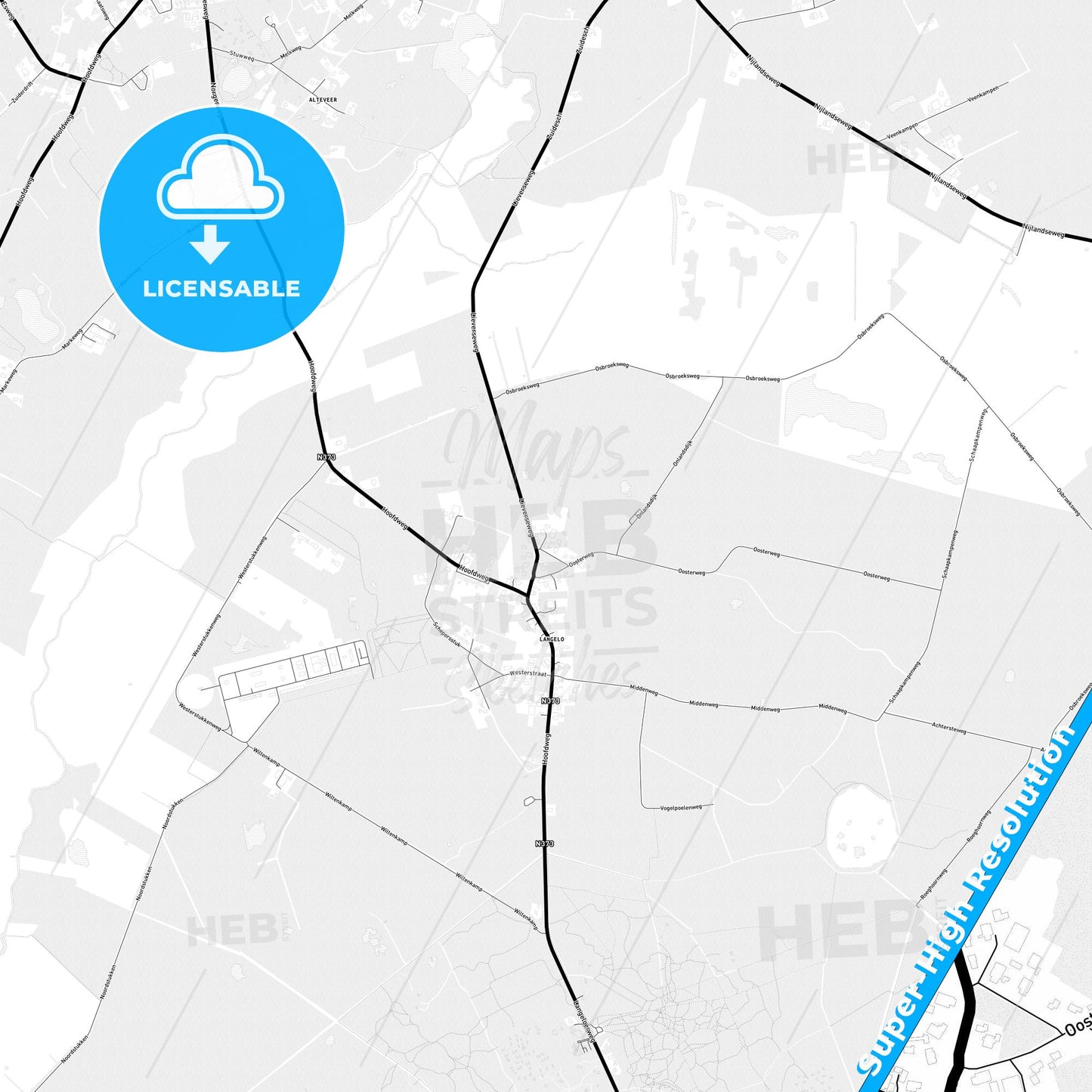 Noordenveld, Netherlands Light Map with Street Names, City Names, and Districts