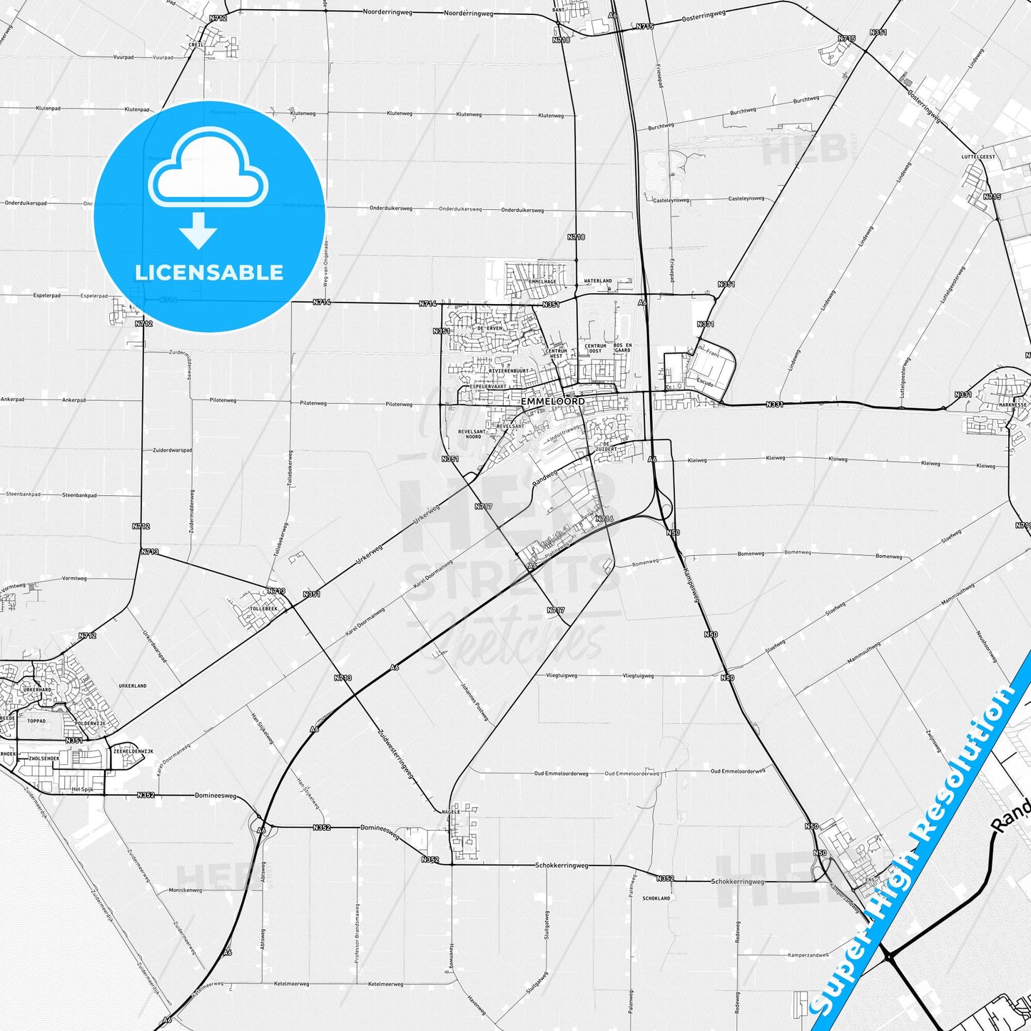 Noordoostpolder, Netherlands light map with streetnames, citynames and districts