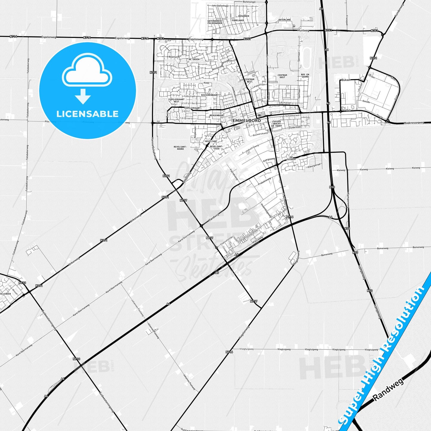 Noordoostpolder, Netherlands Light Map with Street Names, City Names, and Districts
