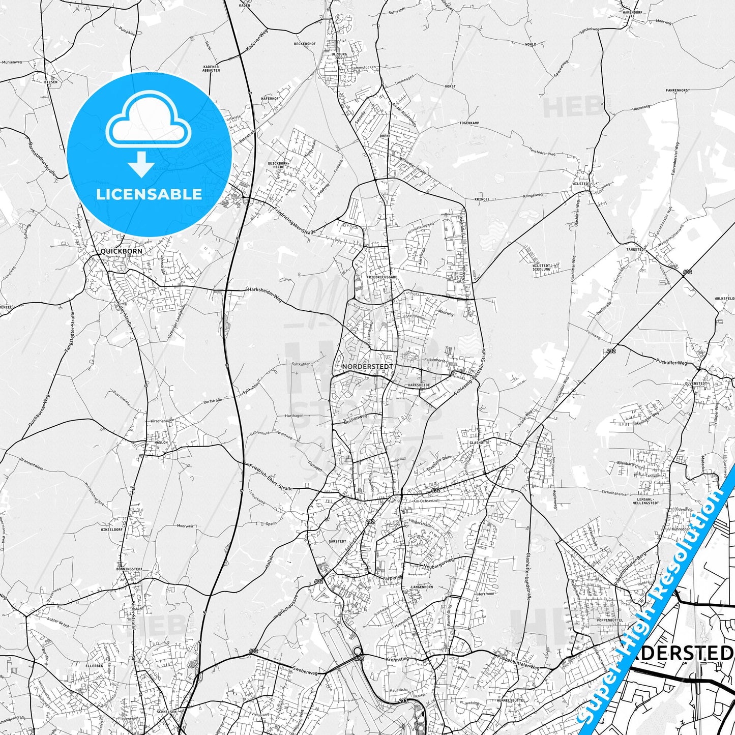 Norderstedt, Germany light map with streetnames, citynames and districts