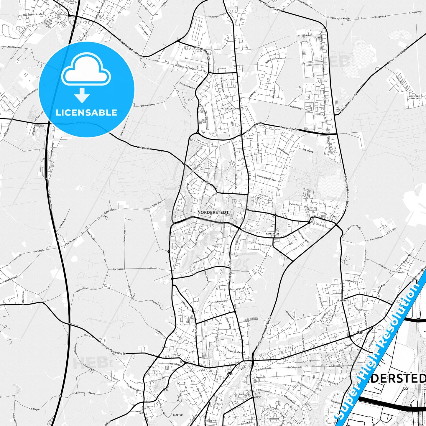 Norderstedt, Germany Light Map with Street Names, City Names, and Districts