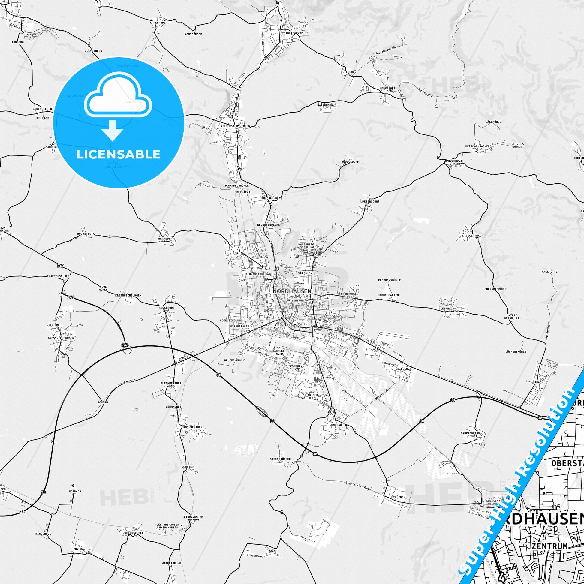 Nordhausen, Germany light map with streetnames, citynames and districts