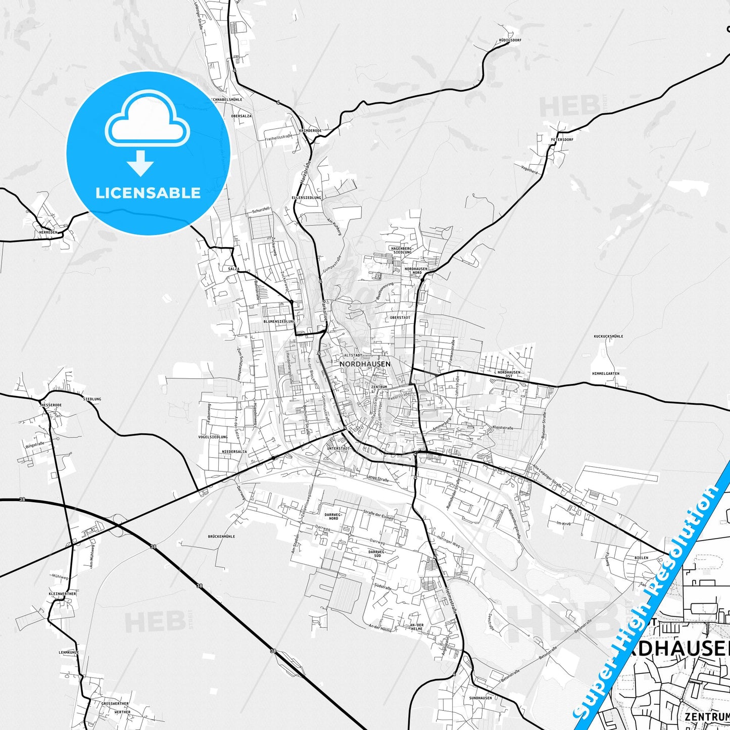 Nordhausen, Germany Light Map with Street Names, City Names, and Districts