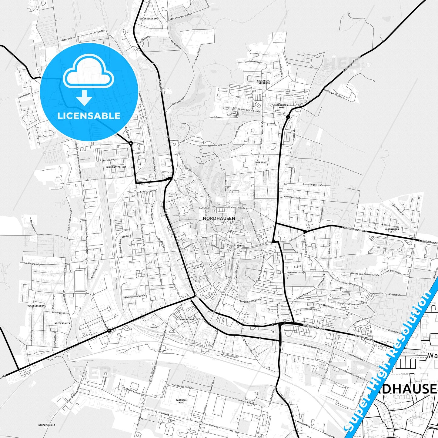 Nordhausen, Germany Light Map with Street Names, City Names, and Districts