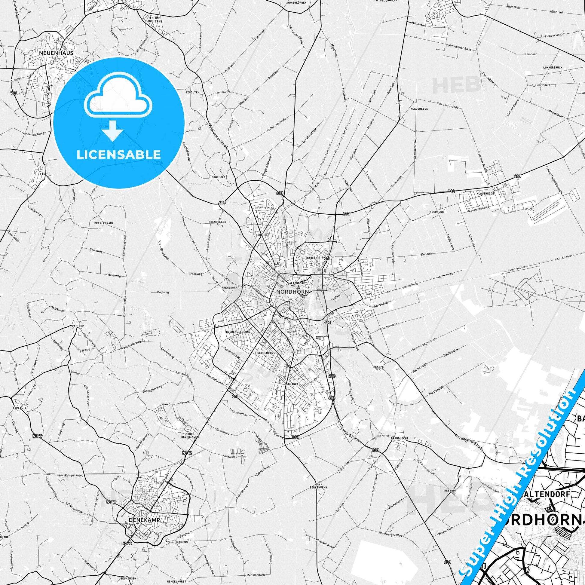 Nordhorn, Germany light map with streetnames, citynames and districts