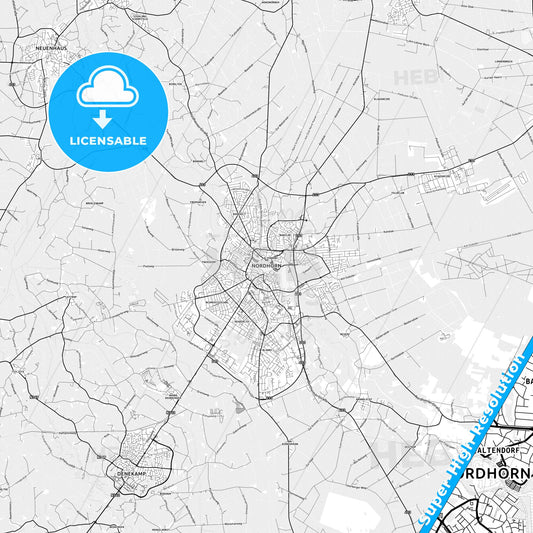 Nordhorn, Germany light map with streetnames, citynames and districts