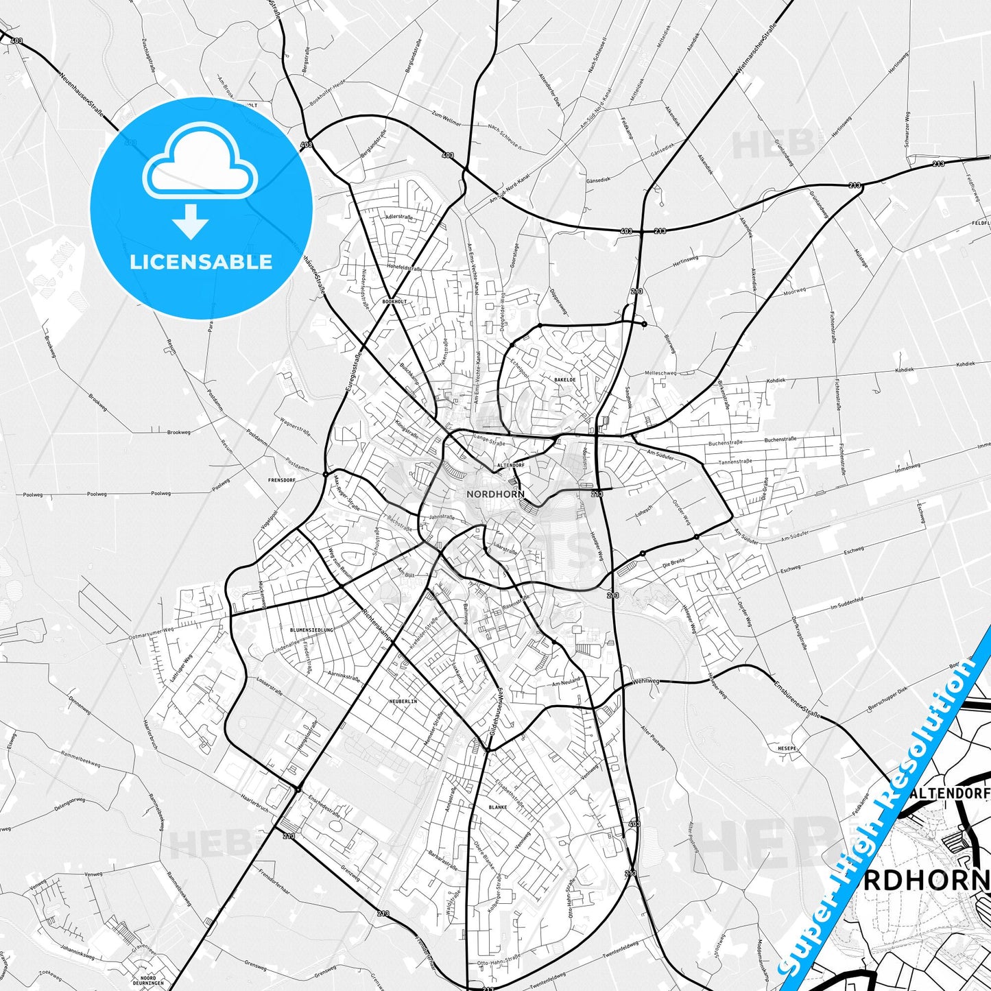 Nordhorn, Germany Light Map with Street Names, City Names, and Districts