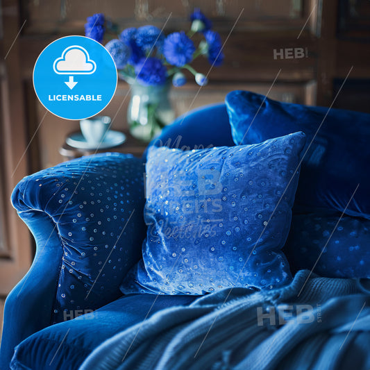 Nordic Luxury Blue Colour - A Blue Couch With A Blue Pillow And A Blanket