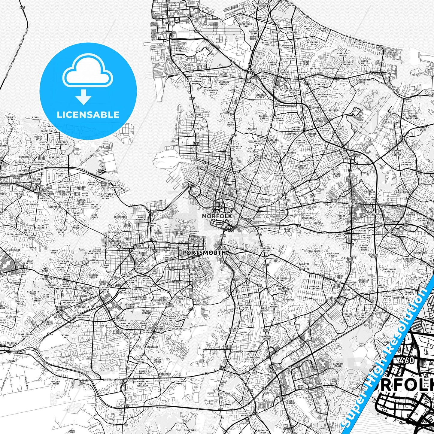 Norfolk, Virginia light map with streetnames, citynames and districts