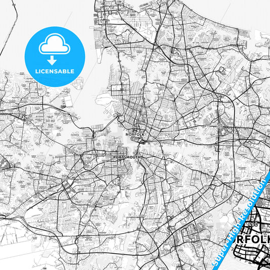 Norfolk, Virginia light map with streetnames, citynames and districts