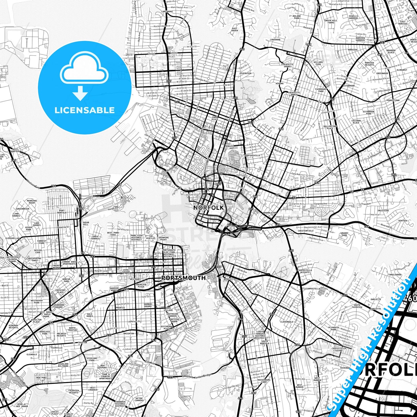 Norfolk, Virginia Light Map with Street Names, City Names, and Districts