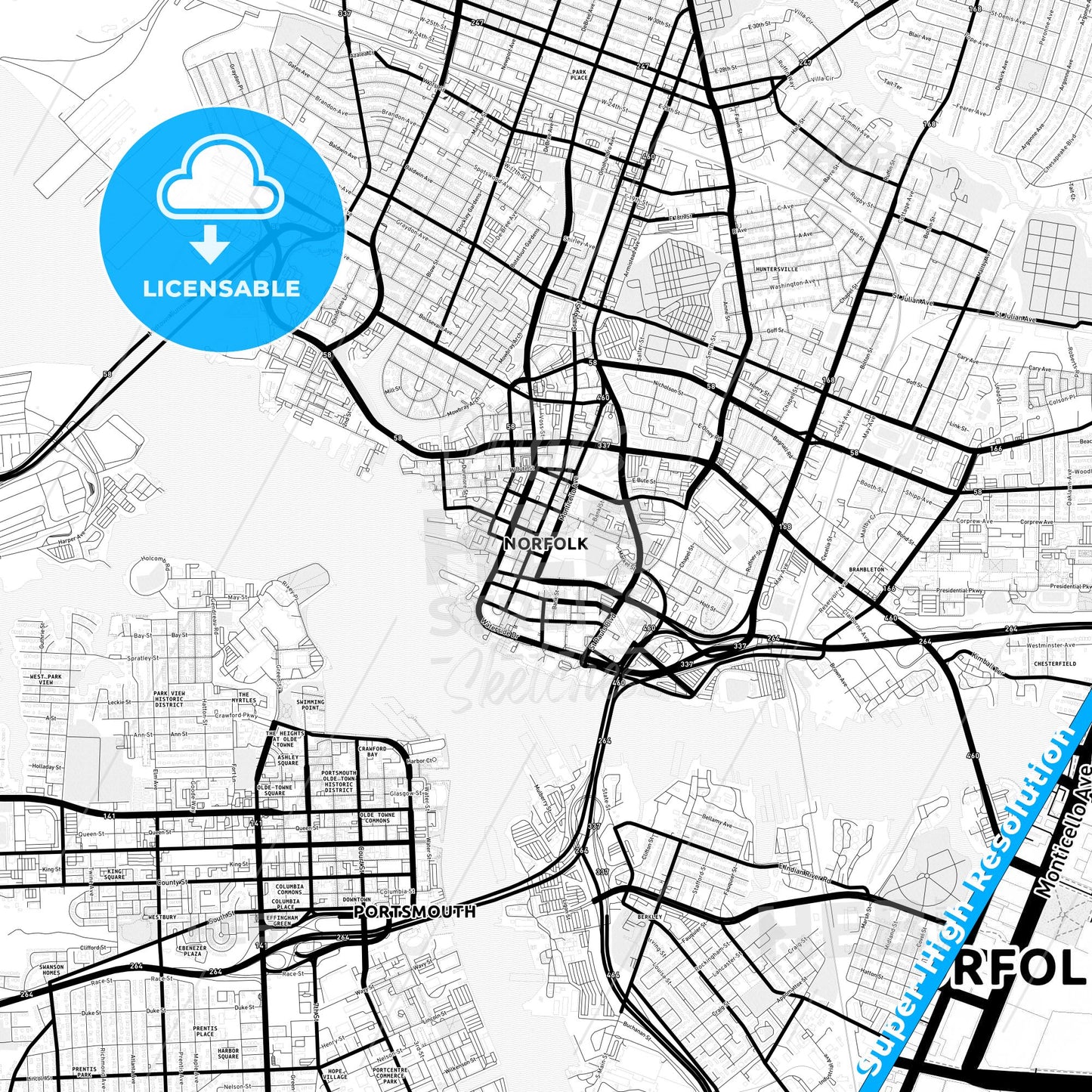 Norfolk, Virginia Light Map with Street Names, City Names, and Districts