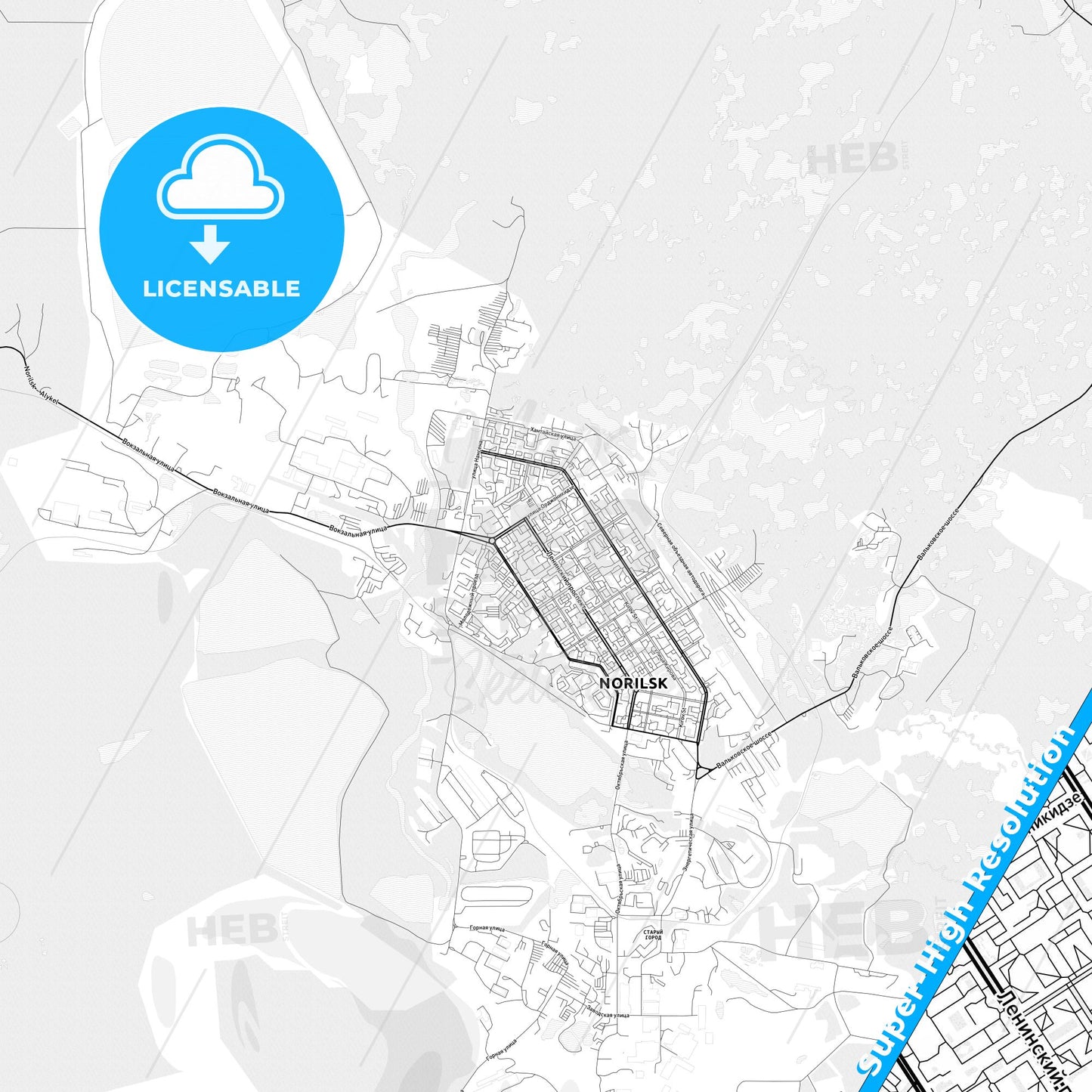 Norilsk, Russia light map with streetnames, citynames and districts