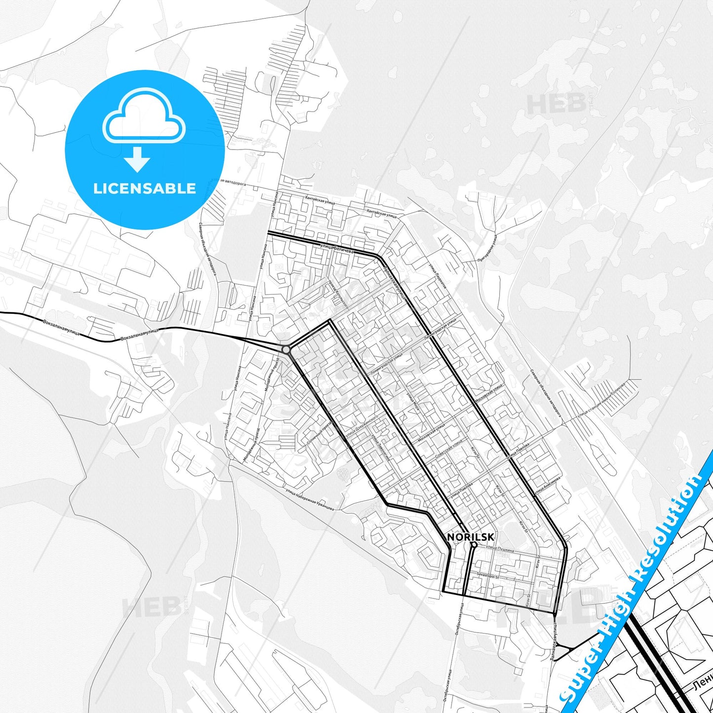 Norilsk, Russia Light Map with Street Names, City Names, and Districts
