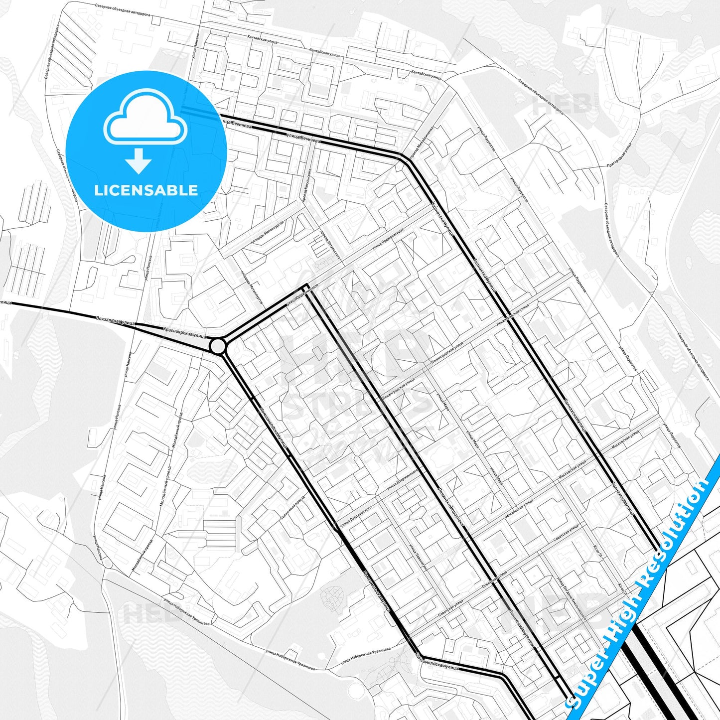 Norilsk, Russia Light Map with Street Names, City Names, and Districts