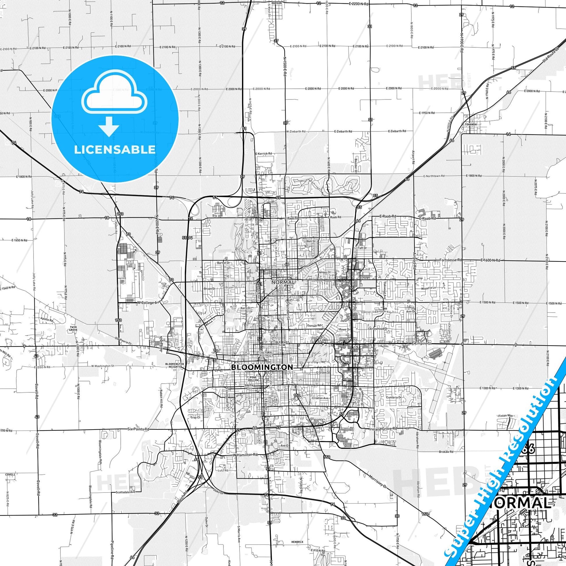Normal, Illinois light map with streetnames, citynames and districts