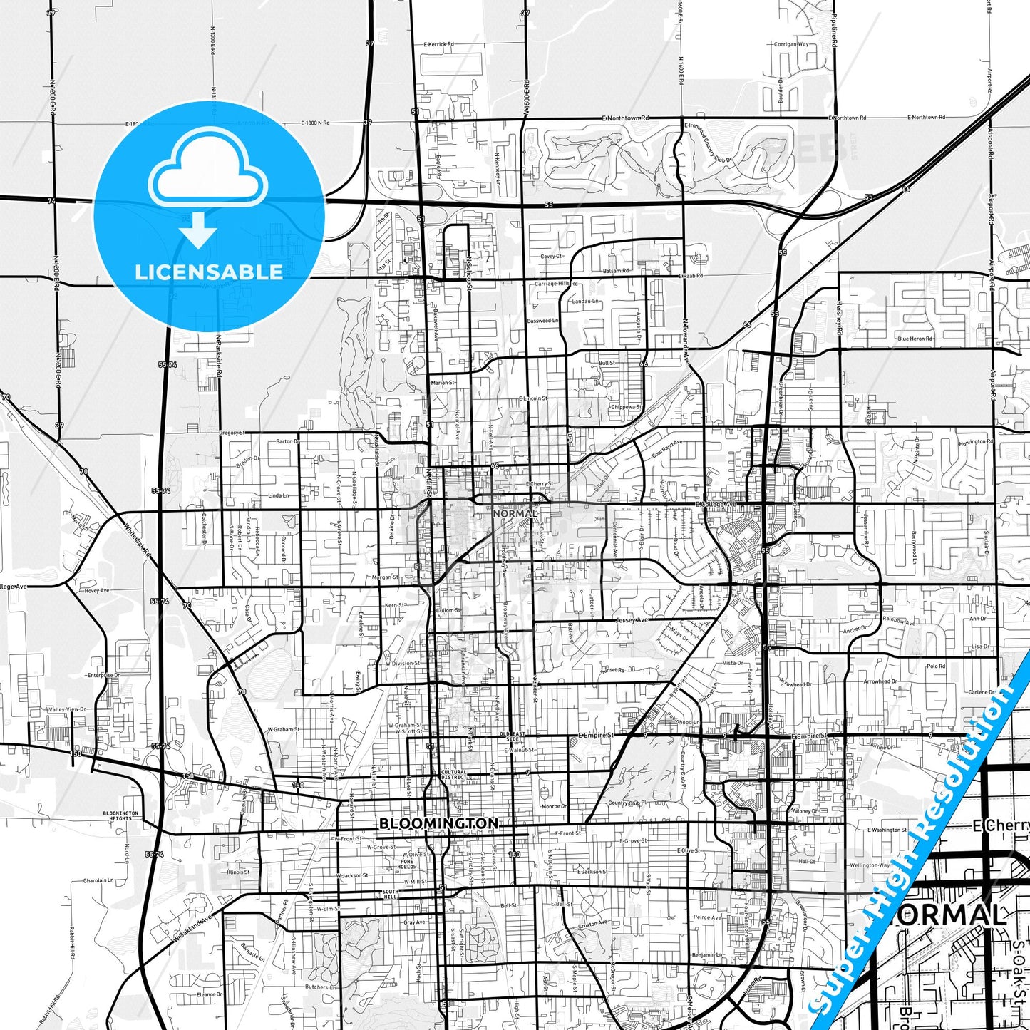 Normal, Illinois Light Map with Street Names, City Names, and Districts