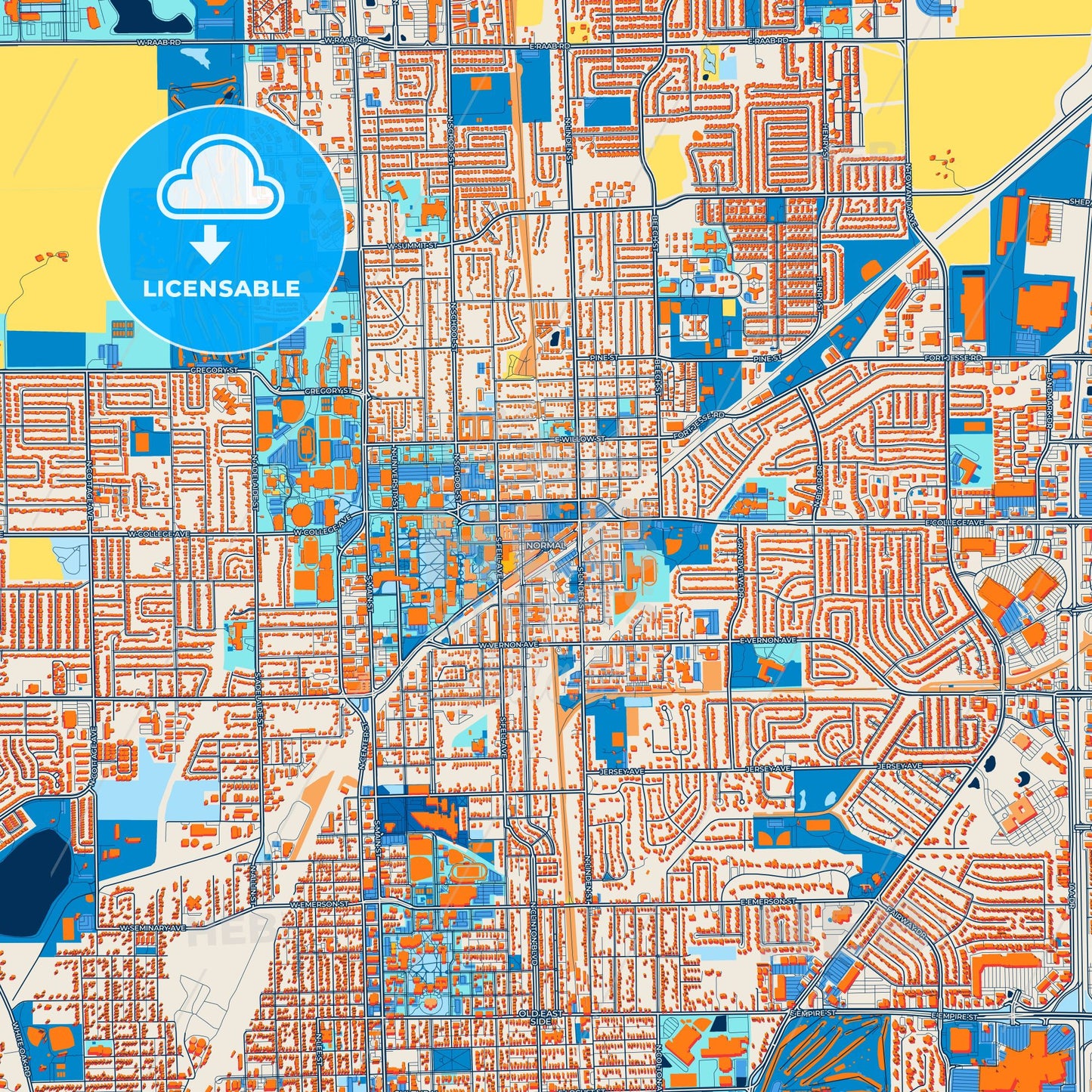 Colorful Normal Street Map with Labels and Buildings