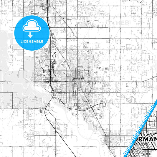 Norman, Oklahoma light map with streetnames, citynames and districts