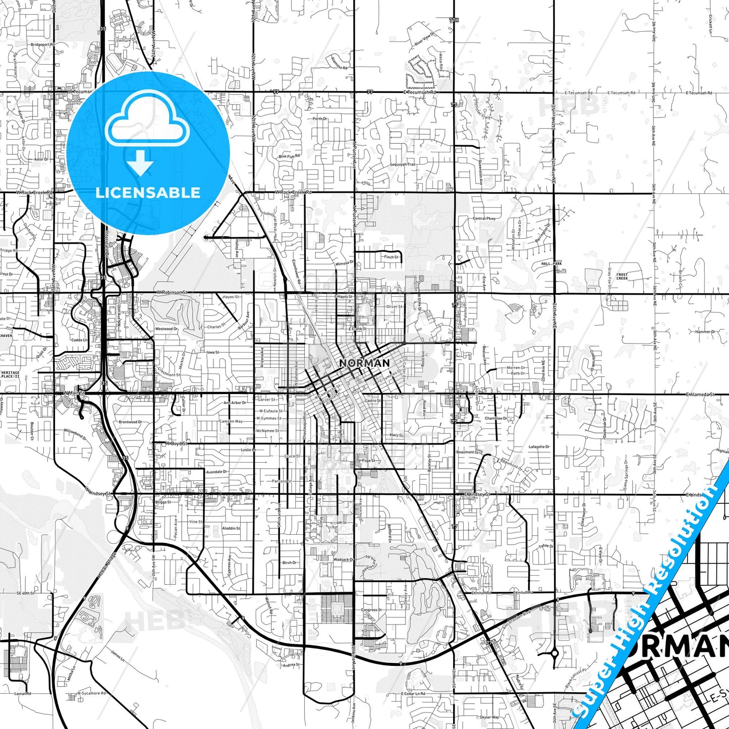 Norman, Oklahoma Light Map with Street Names, City Names, and Districts