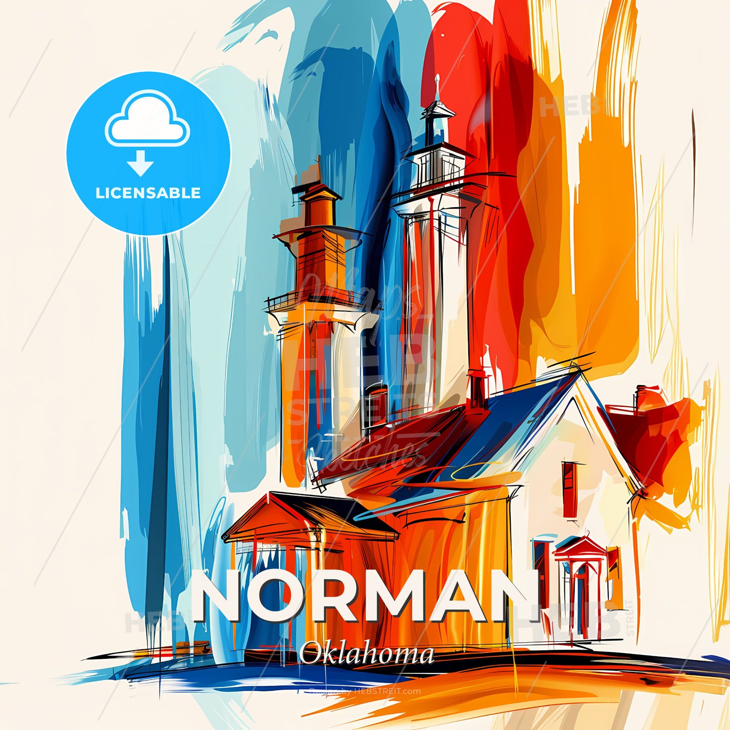 Vibrant Norman, Oklahoma - A Painting Of A House With A Lighthouse - Square format print template