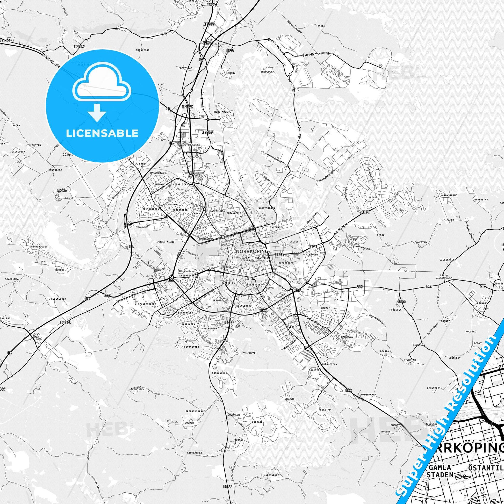 Norrköping, Sweden light map with streetnames, citynames and districts