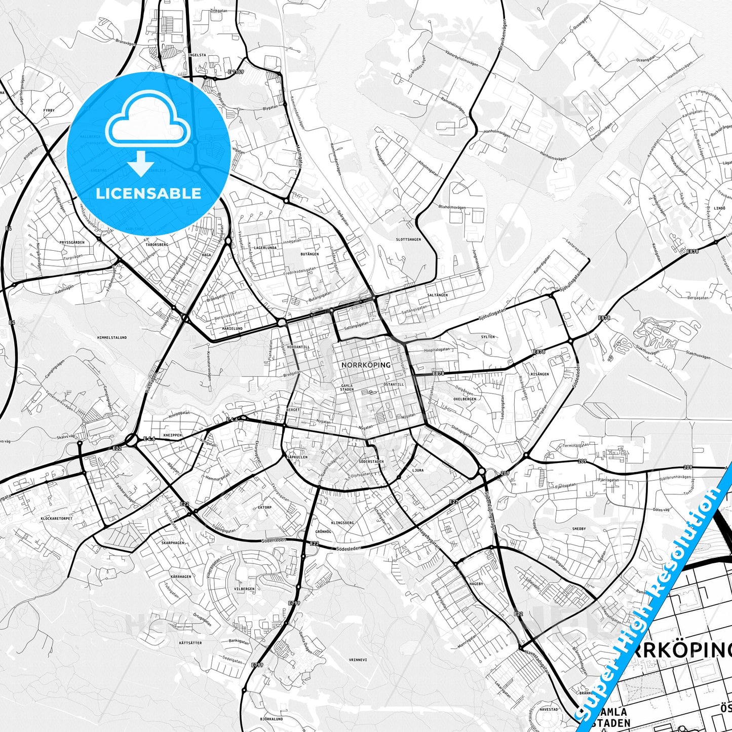 Norrköping, Sweden Light Map with Street Names, City Names, and Districts