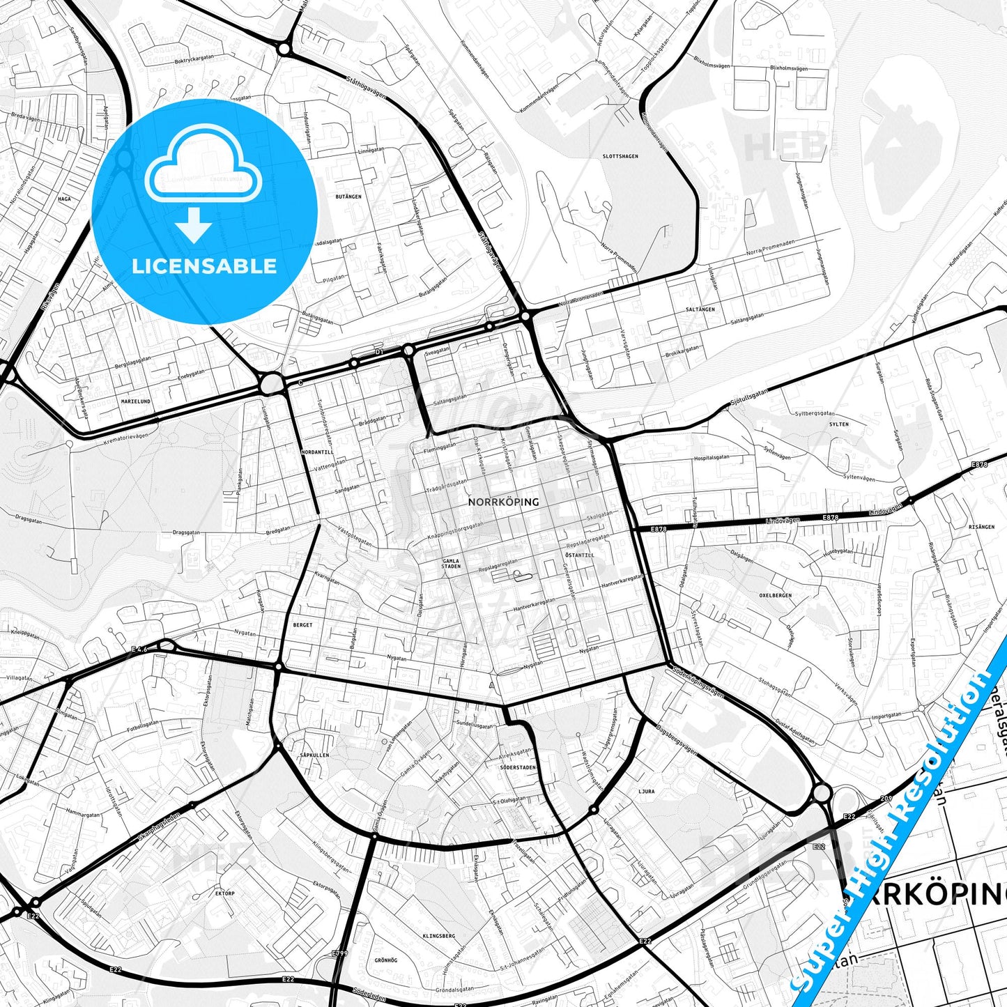 Norrköping, Sweden Light Map with Street Names, City Names, and Districts