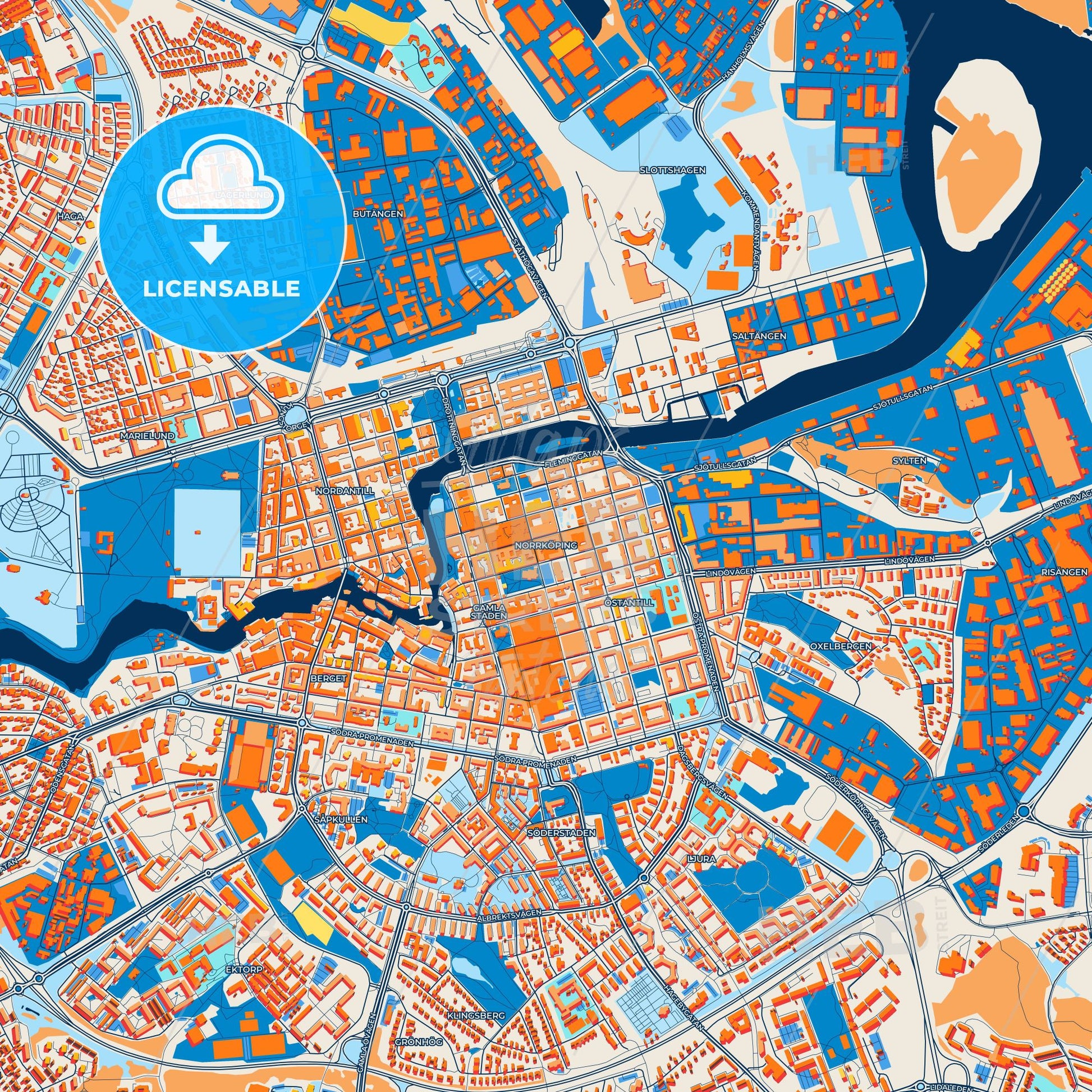 Colorful Norrköping Street Map with Labels and Buildings