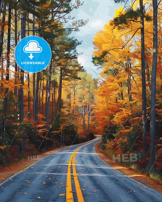 Colorful Painting of North Carolina Roadside Scene, Featuring Trees