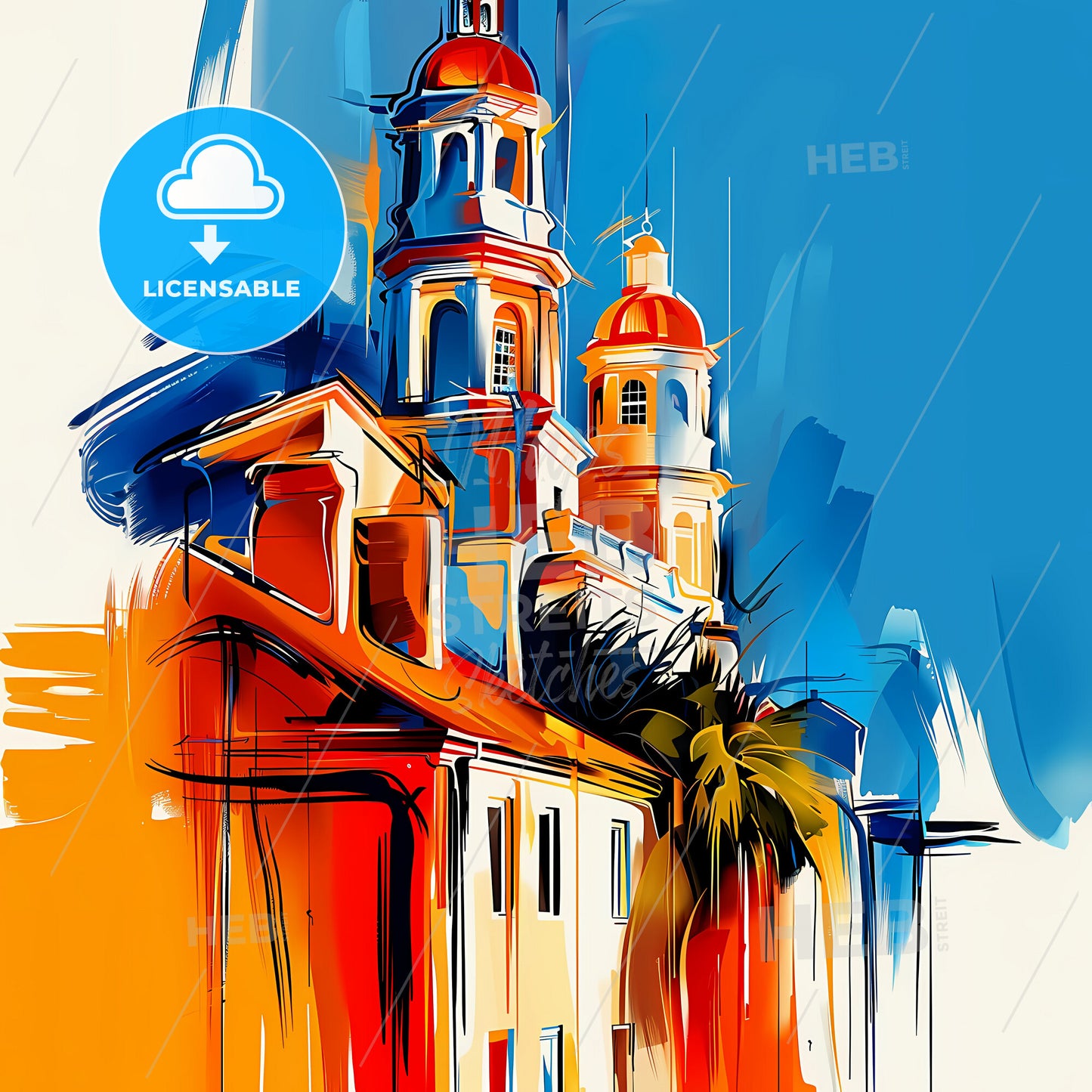 Vibrant North Charleston, South Carolina - A Painting Of A Building With A Tower And Palm Tree