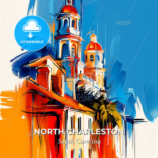Vibrant North Charleston, South Carolina - A Painting Of A Building With A Tower And Palm Tree - Square format print template