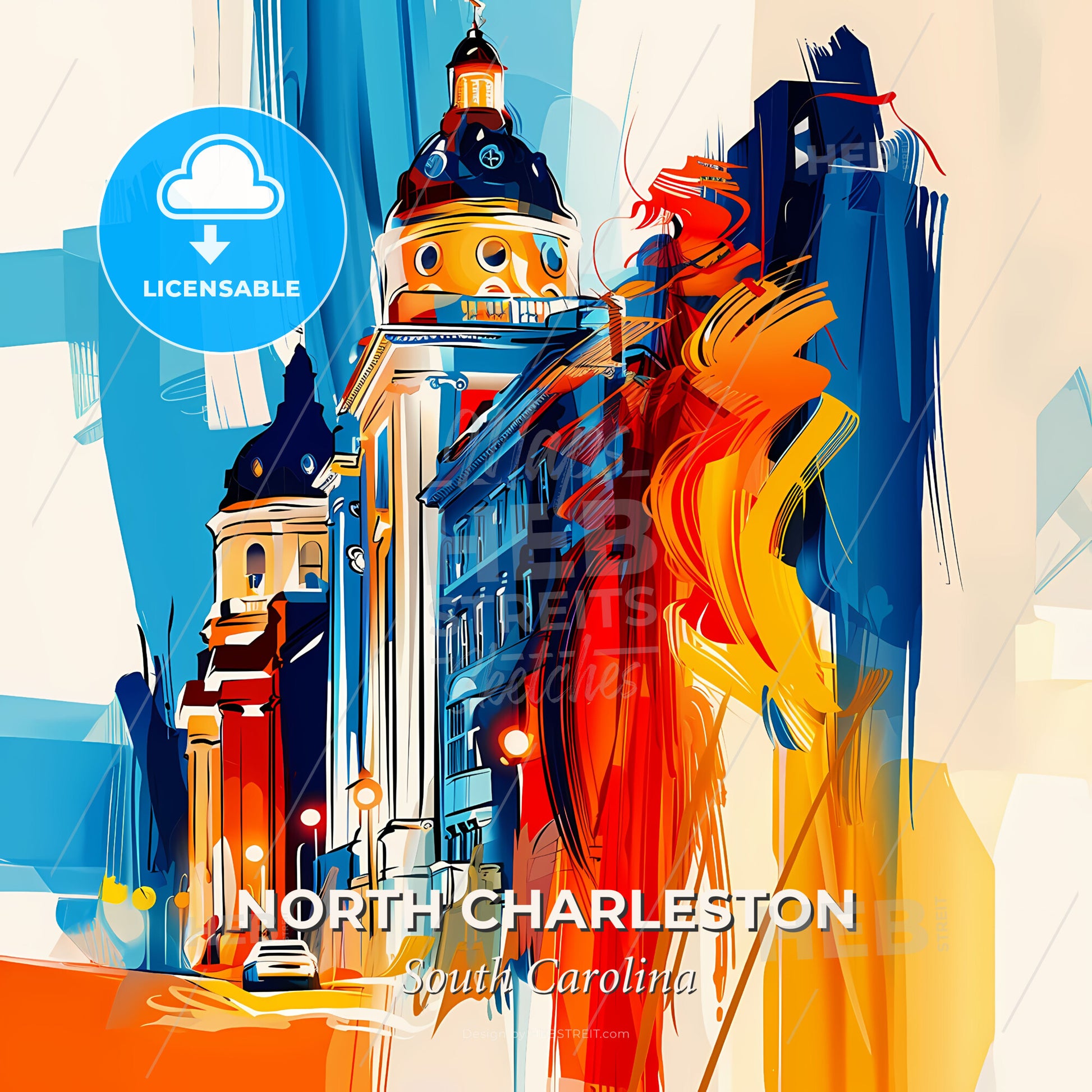 Vibrant North Charleston, South Carolina - A Colorful Painting Of A Building - Square format print template