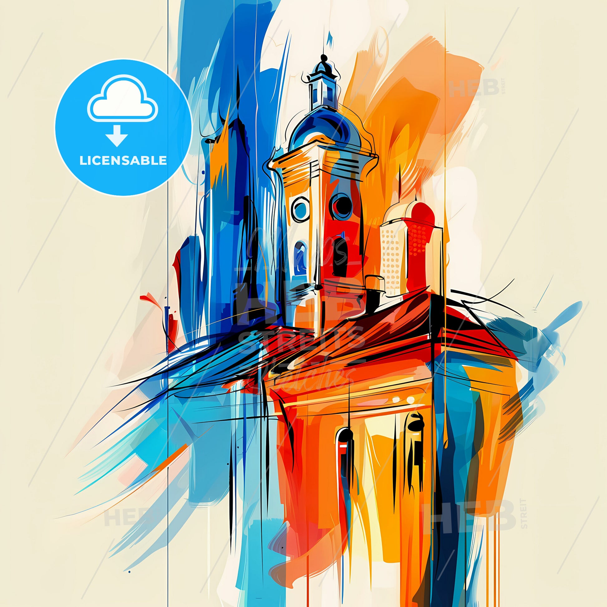 Vibrant North Jakarta, Indonesia - A Painting Of A Building With A Tower And A Colorful Background