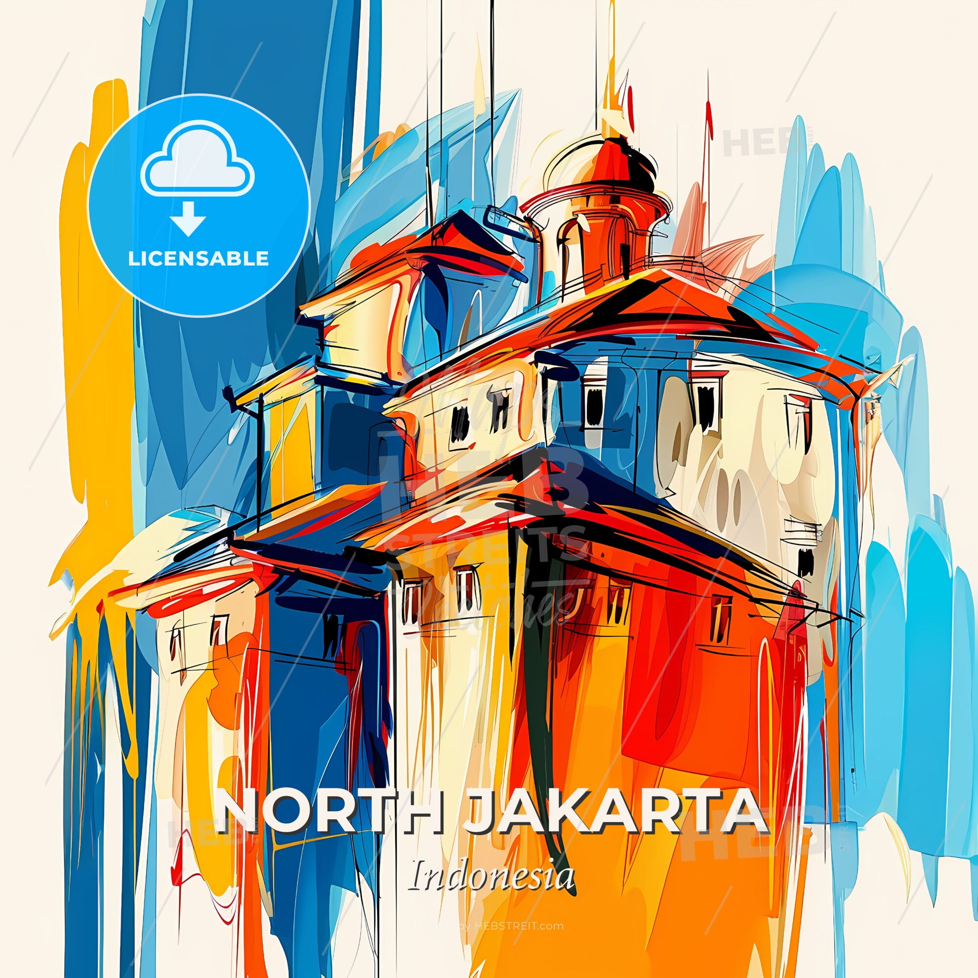 Vibrant North Jakarta, Indonesia - A Painting Of A Building - Square format print template