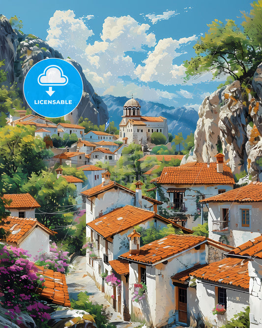 Orange Roofs Village, North Macedonia - Artistic Landscape Painting