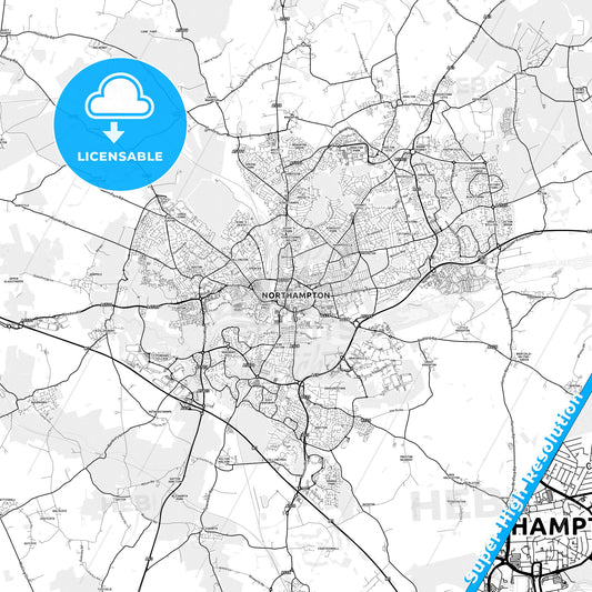 Northampton, England light map with streetnames, citynames and districts